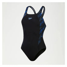 Load image into Gallery viewer, SPEEDO WOMENS HYPERBOOM SPLICE MUSCLEBACK 1 PIECE SWIMSUIT BLACK/BLUE