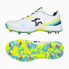 Load image into Gallery viewer, KOOKABURRA JUNIOR KC 3.0 CRICKET SPIKES WHITE/AQUA/YELLOW