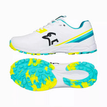 Load image into Gallery viewer, KOOKABURRA JUNIOR KC 3.0 RUBBER SOLED CRICKET SHOE WHITE/AQUA/YELLOW