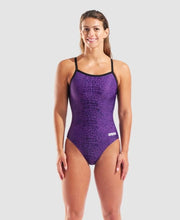 Load image into Gallery viewer, ARENA WOMENS SNAKESKIN SWIMSUIT LIGHTDROP BACK BLACK/PURPLE