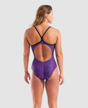 Load image into Gallery viewer, ARENA WOMENS SNAKESKIN SWIMSUIT LIGHTDROP BACK BLACK/PURPLE