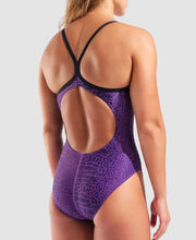 Load image into Gallery viewer, ARENA WOMENS SNAKESKIN SWIMSUIT LIGHTDROP BACK BLACK/PURPLE