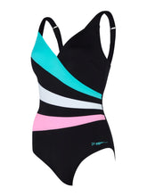 Load image into Gallery viewer, ZOGGS WOMENS PLANTOPIA WRAP PANEL CLASSICKBACK SWIMSUIT BLACK/ STRIPED