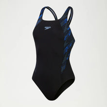 Load image into Gallery viewer, SPEEDO WOMENS HYPERBOOM SPLICE MUSCLEBACK 1 PIECE SWIMSUIT BLACK/BLUE
