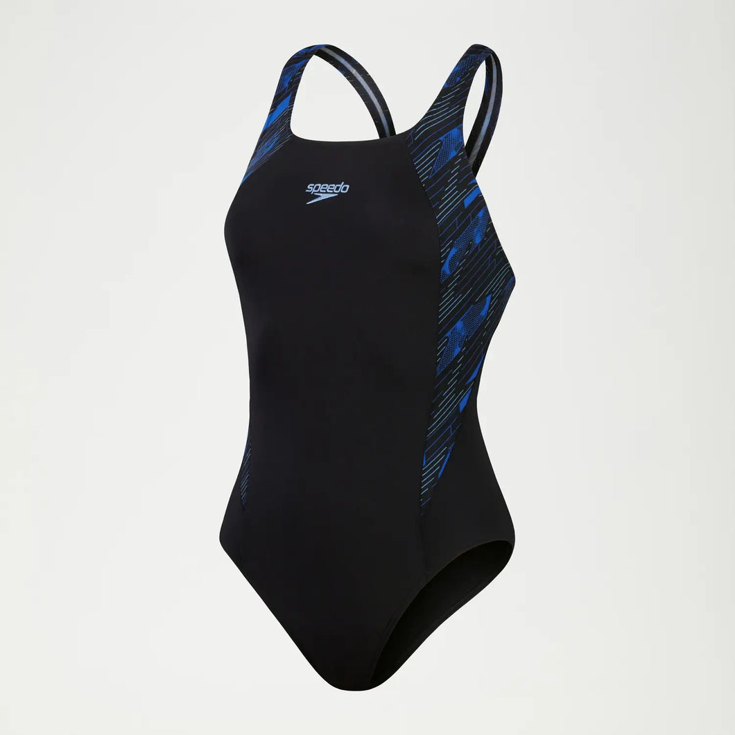 SPEEDO WOMENS HYPERBOOM SPLICE MUSCLEBACK 1 PIECE SWIMSUIT BLACK/BLUE