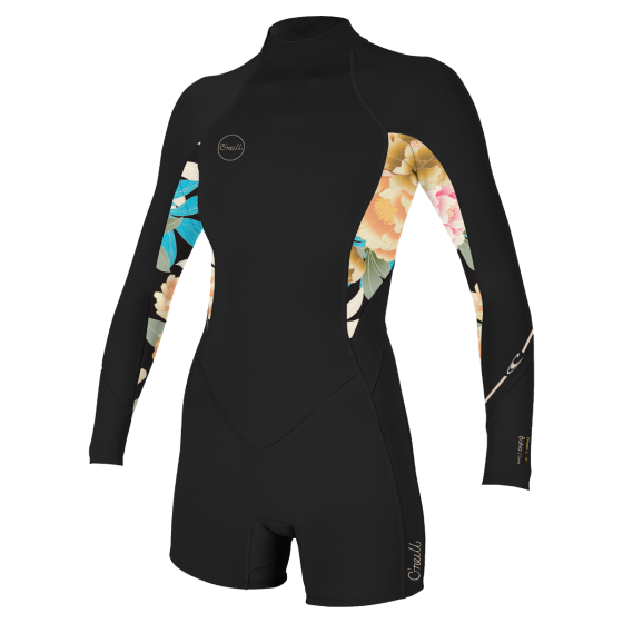 ONEILL WOMENS BAHIA 2/1MM LONG ARM SHORTY BLACK MIKAH FLORAL