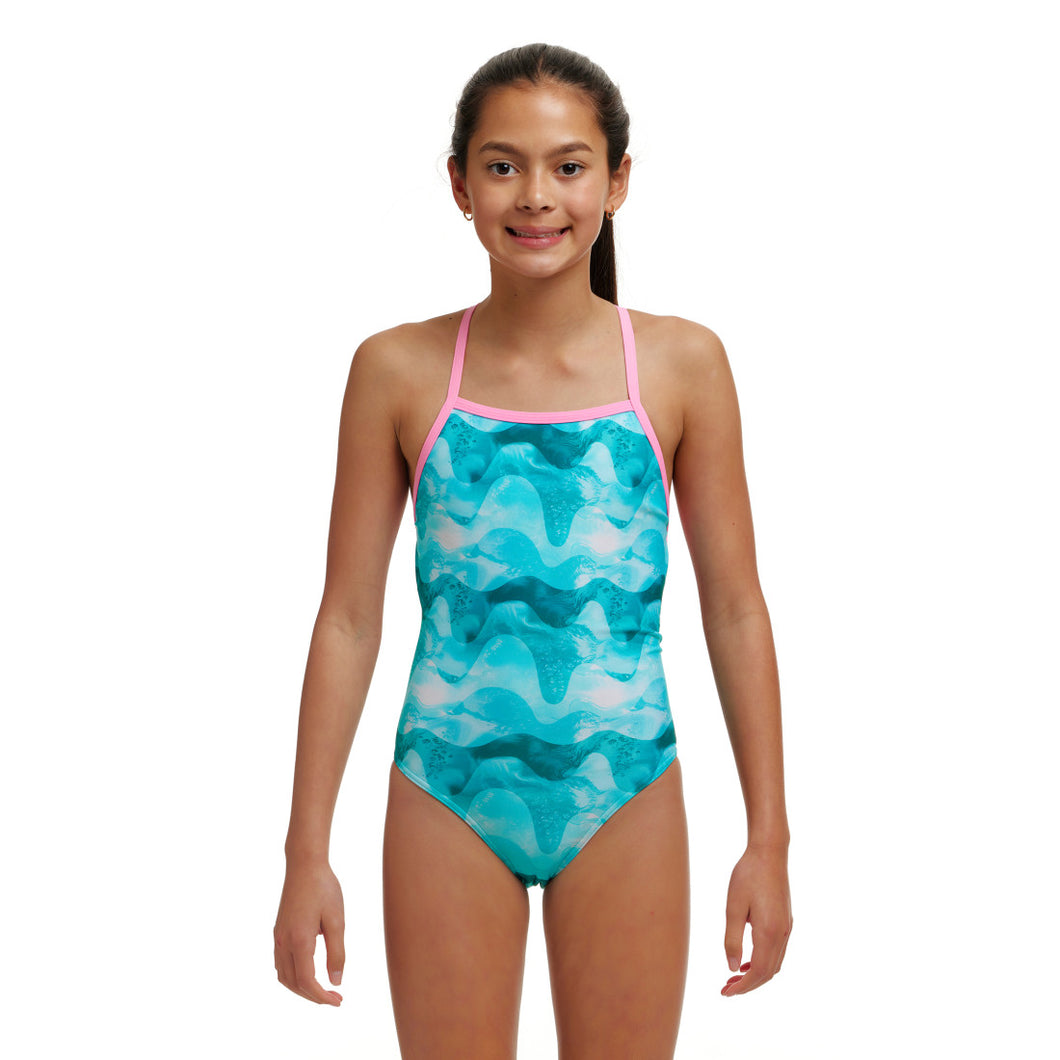 FUNKITA GIRLS STRAPPED IN ONE PIECE TEAL WAVE