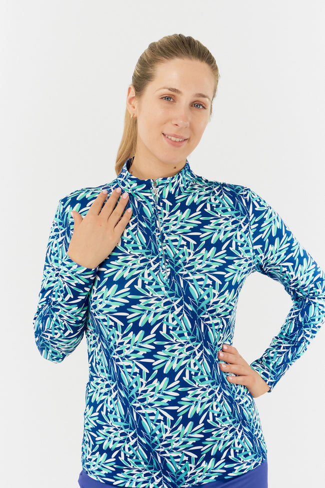 PURE GOLF SERENITY LONG SLEEVE ZIP TOP FLOATING PALM YALE BLUE