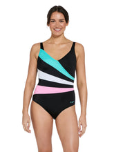 Load image into Gallery viewer, ZOGGS WOMENS PLANTOPIA WRAP PANEL CLASSICKBACK SWIMSUIT BLACK/ STRIPED
