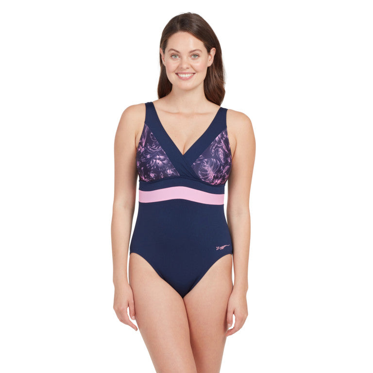 ZOGGS WOMENS SUNSET BLOOM SQUARE BACK ONE PIECE SWIMSUIT NAVY+PINK