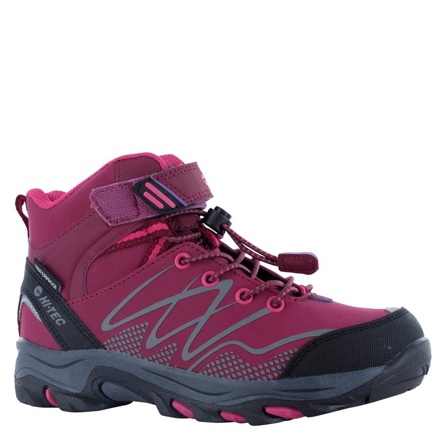 HI-TEC JUNIOR GIRLS BLACKOUT MID WALKING BOOTS - DARK ROSE/FUCHSIA
